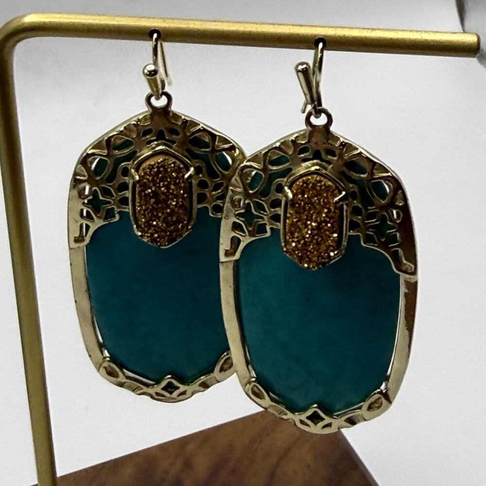Kendra Scott Deva Turquoise and Gold Drusy Statement Earrings with Gold Filagree